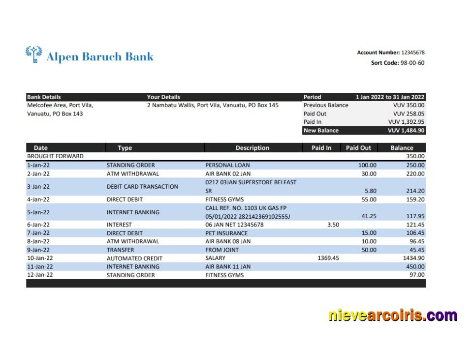 Vanuatu Alpen Baruch Bank statement